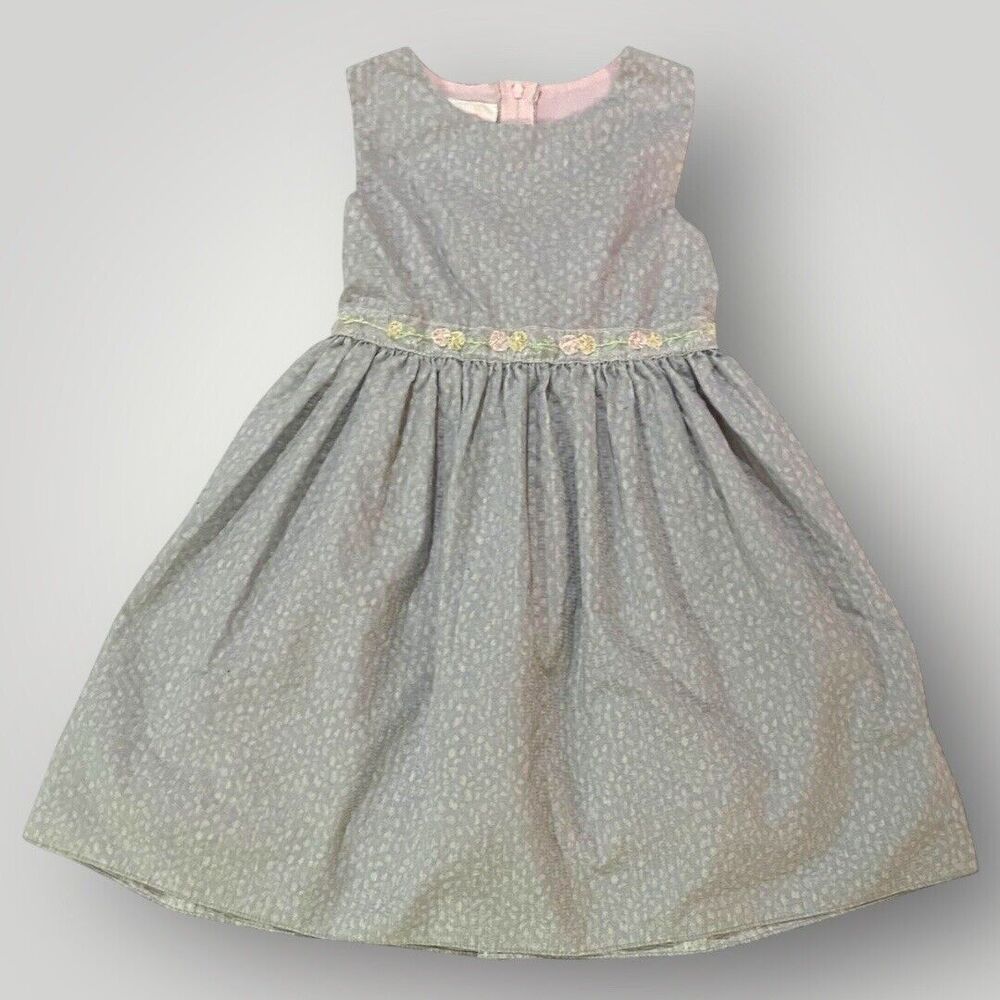 La Princess Girls Dress Size 6 Tie Back Embroidered Floral Accent Grey Pink Beig